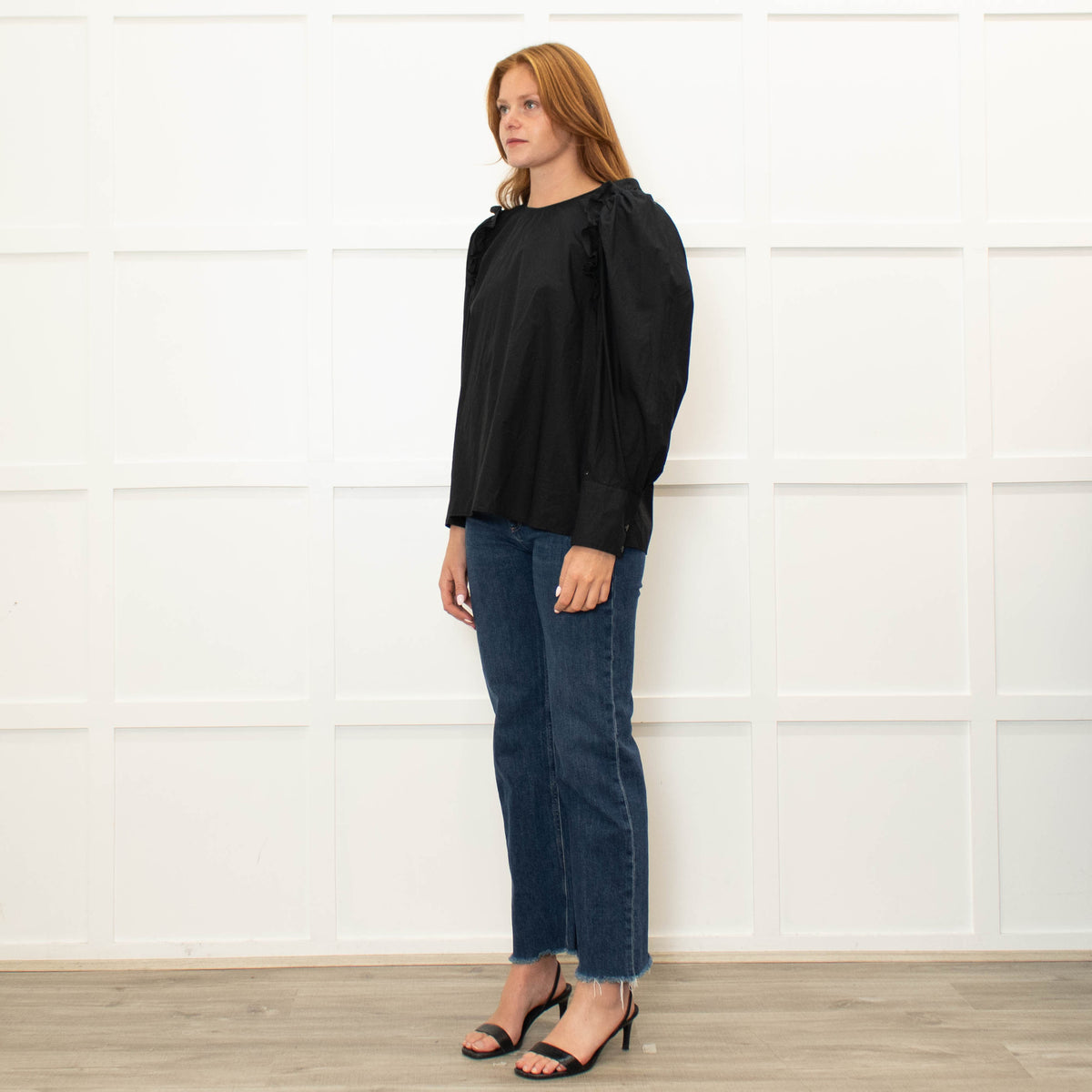 Ba&Sh Black Cotton Frill Trim Puff Sleeve Top