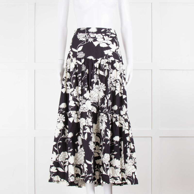 Maje Black and Cream Floral Tiered Maxi Skirt