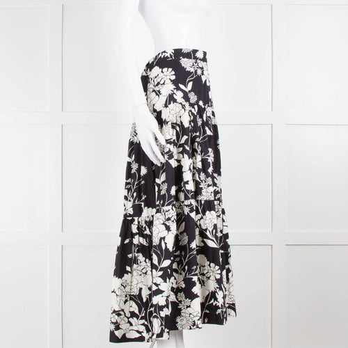 Maje Black and Cream Floral Tiered Maxi Skirt