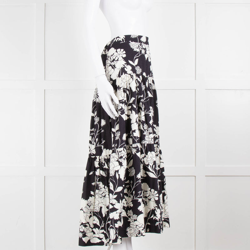 Maje Black and Cream Floral Tiered Maxi Skirt