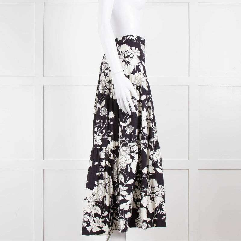 Maje Black and Cream Floral Tiered Maxi Skirt