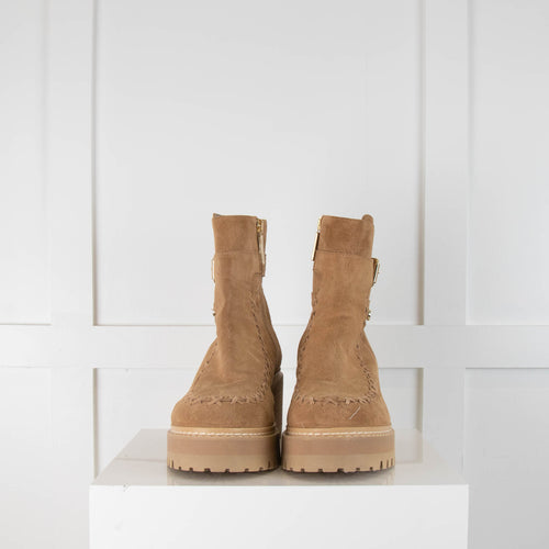 Russell & Bromley Beige Suede Chunky Heel Boots