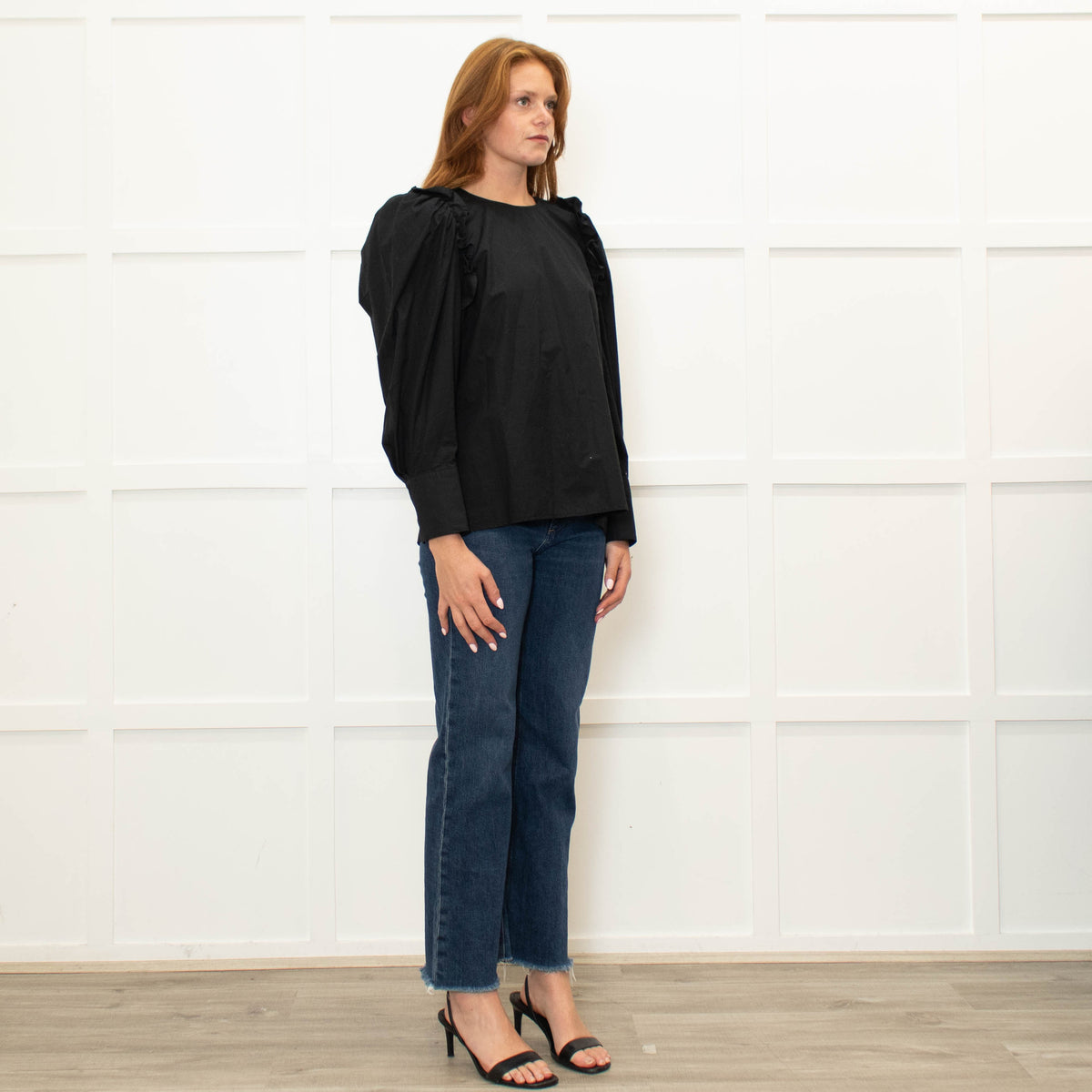 Ba&Sh Black Cotton Frill Trim Puff Sleeve Top