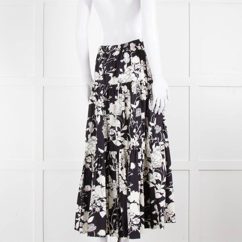 Maje Black and Cream Floral Tiered Maxi Skirt