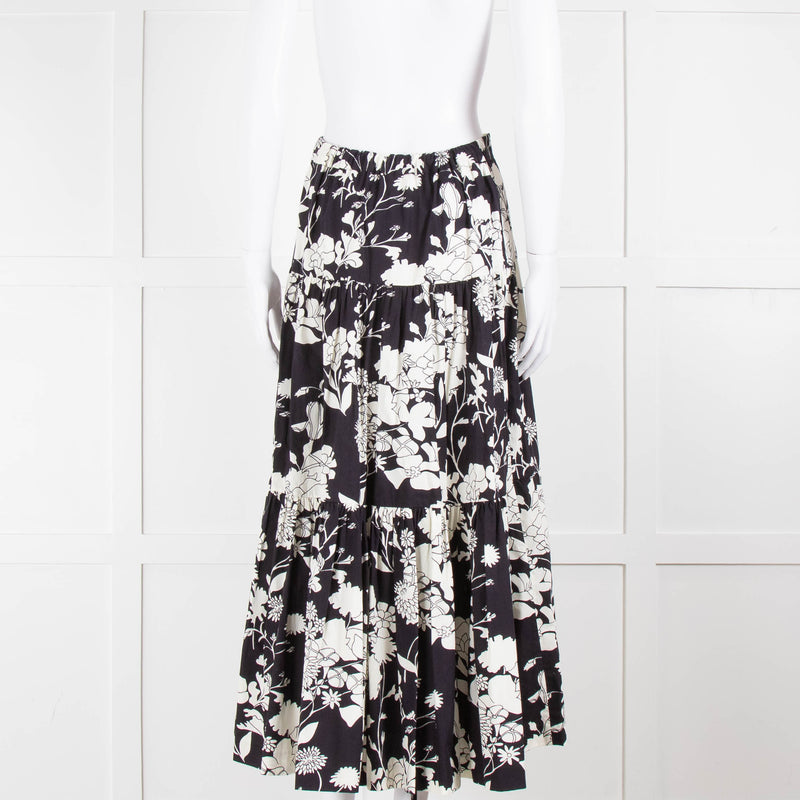 Maje Black and Cream Floral Tiered Maxi Skirt