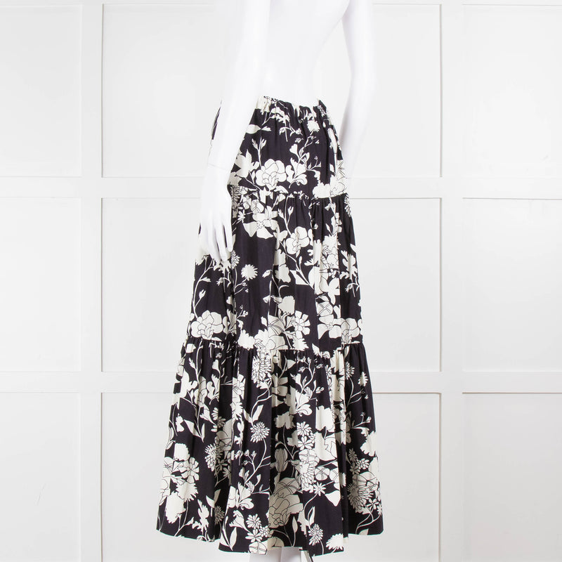 Maje Black and Cream Floral Tiered Maxi Skirt