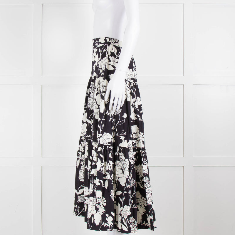 Maje Black and Cream Floral Tiered Maxi Skirt