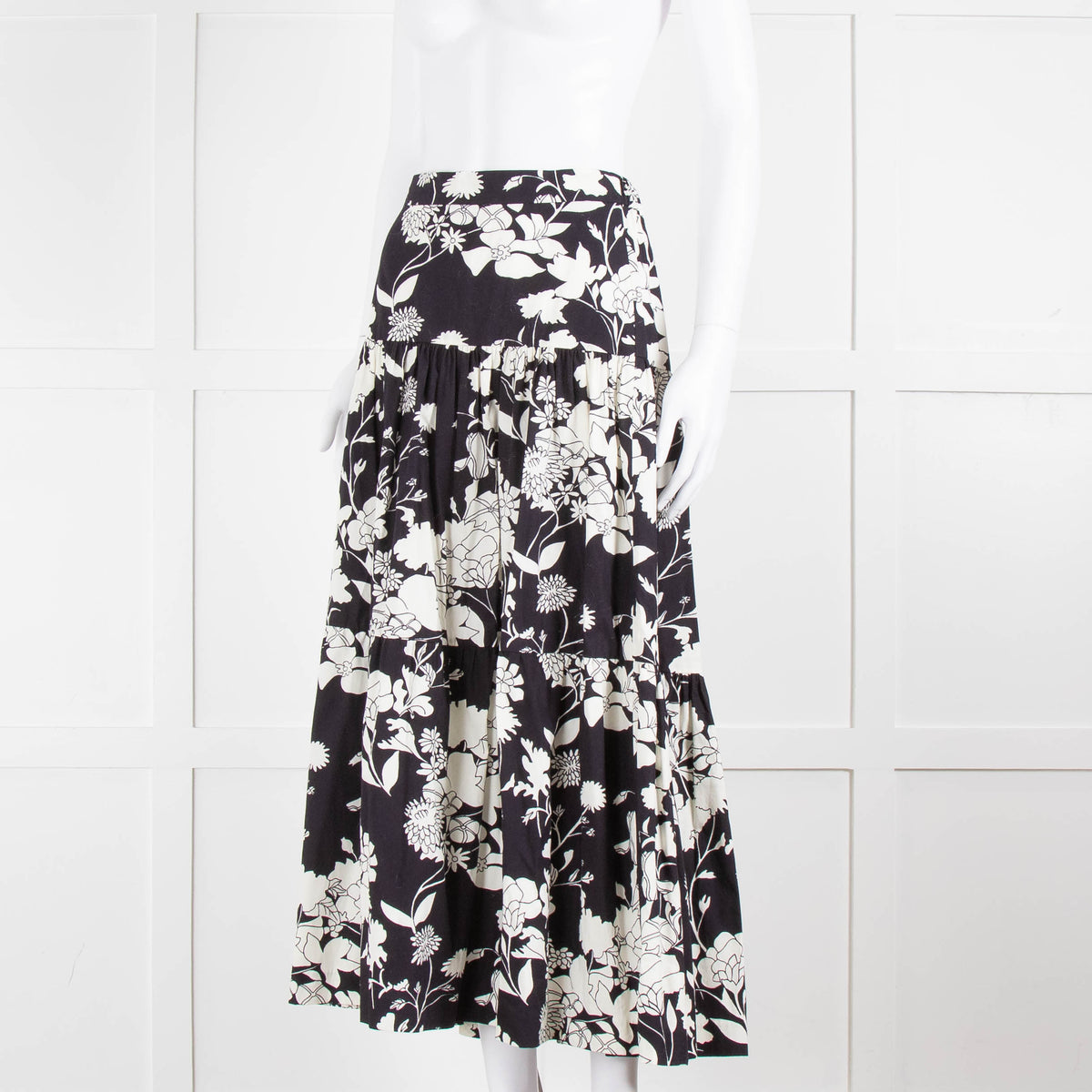Maje Black and Cream Floral Tiered Maxi Skirt