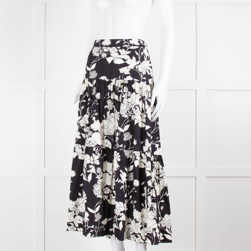 Maje Black and Cream Floral Tiered Maxi Skirt