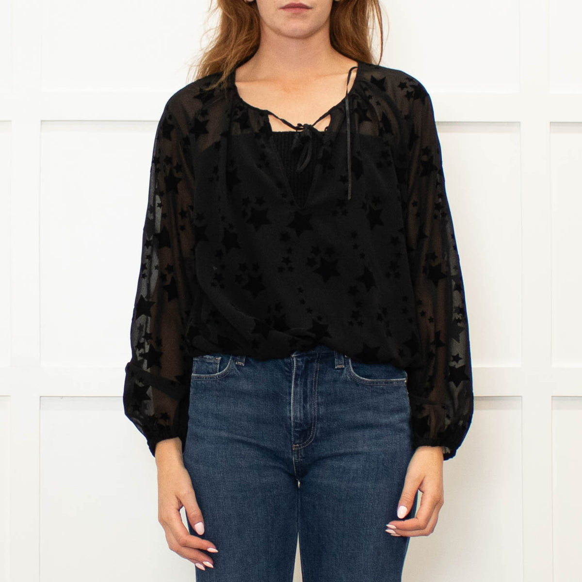 Pinko Black Star Print Sheer Long Sleeve Top