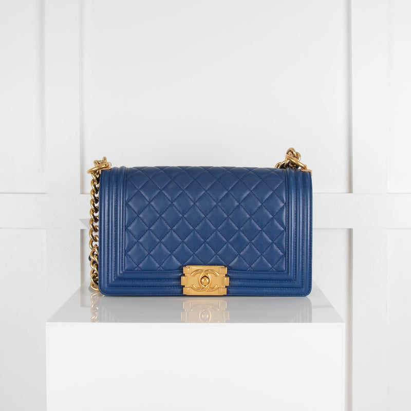 Chanel Blue Calfskin Boy Bag with Brushed Gold Hardware