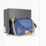 Chanel Blue Calfskin Boy Bag with Brushed Gold Hardware