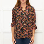 WYSE Black Multi Coloured Flower Print  Pink Edging Top