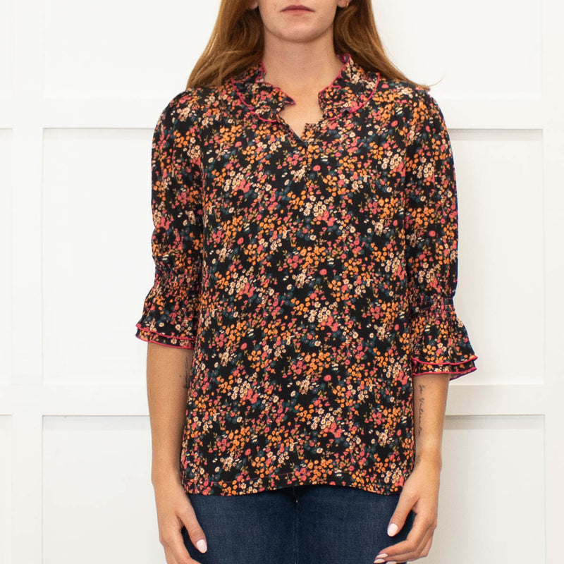 WYSE Black Multi Coloured Flower Print  Pink Edging Top