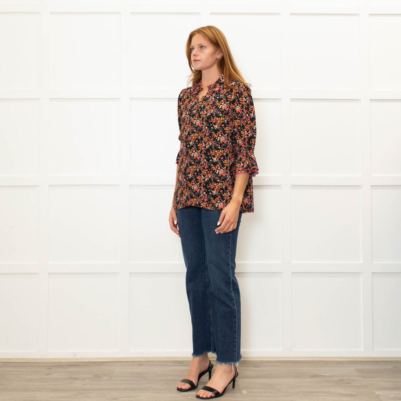 WYSE Black Multi Coloured Flower Print  Pink Edging Top