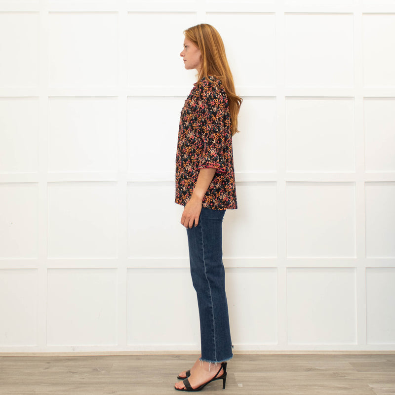 WYSE Black Multi Coloured Flower Print  Pink Edging Top