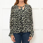 Pyrus Green Black Animal Print Tie Neck Blouse