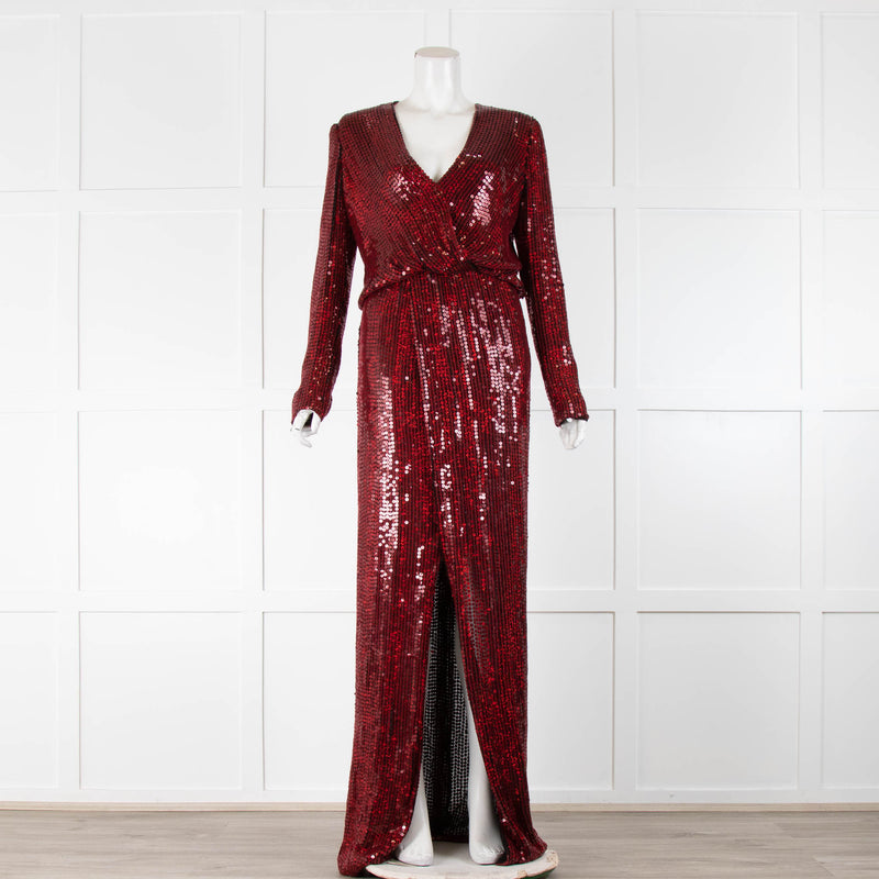 Galvan Red Sequin Front Split Long Sleeve Maxi Dress
