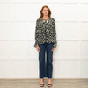 Pyrus Green Black Animal Print Tie Neck Blouse