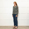 Pyrus Green Black Animal Print Tie Neck Blouse