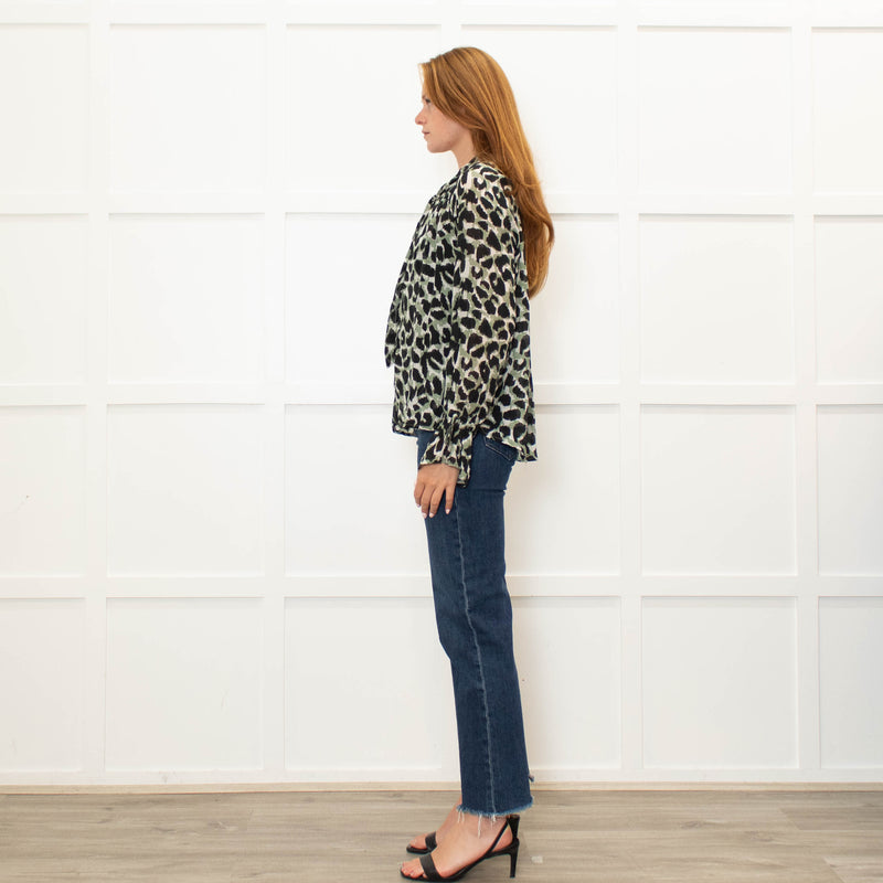 Pyrus Green Black Animal Print Tie Neck Blouse