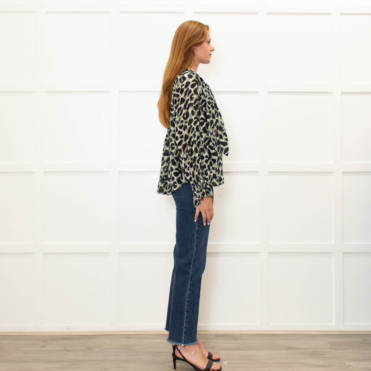 Pyrus Green Black Animal Print Tie Neck Blouse