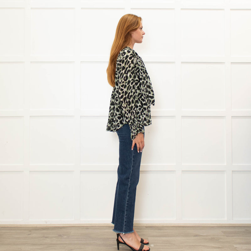 Pyrus Green Black Animal Print Tie Neck Blouse