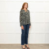 Pyrus Green Black Animal Print Tie Neck Blouse