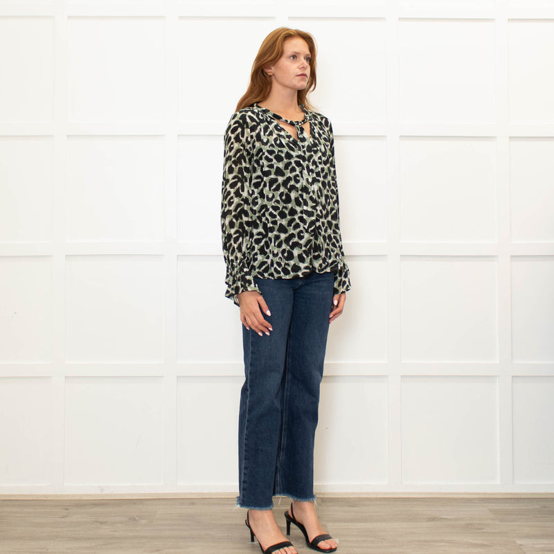 Pyrus Green Black Animal Print Tie Neck Blouse