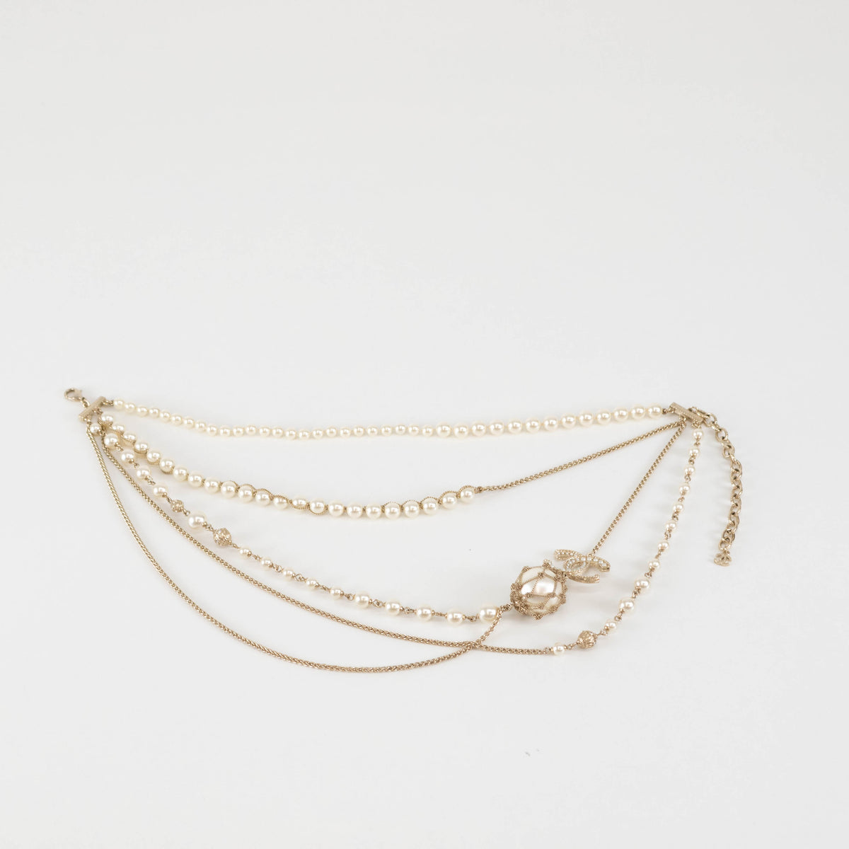 Chanel Cream Pearls Gold Chain Necklace
