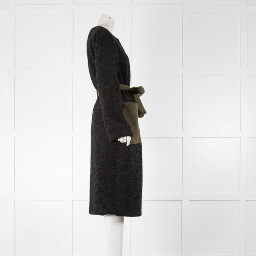 Stine Goya Black Teddy Coat With Green Pockets And Belt