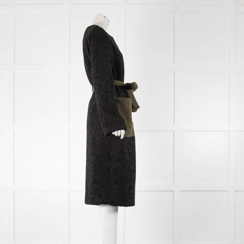 Stine Goya Black Teddy Coat With Green Pockets And Belt