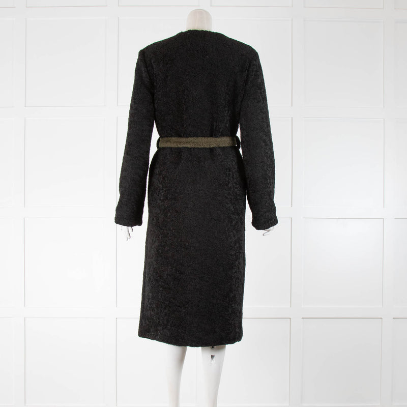 Stine Goya Black Teddy Coat With Green Pockets And Belt