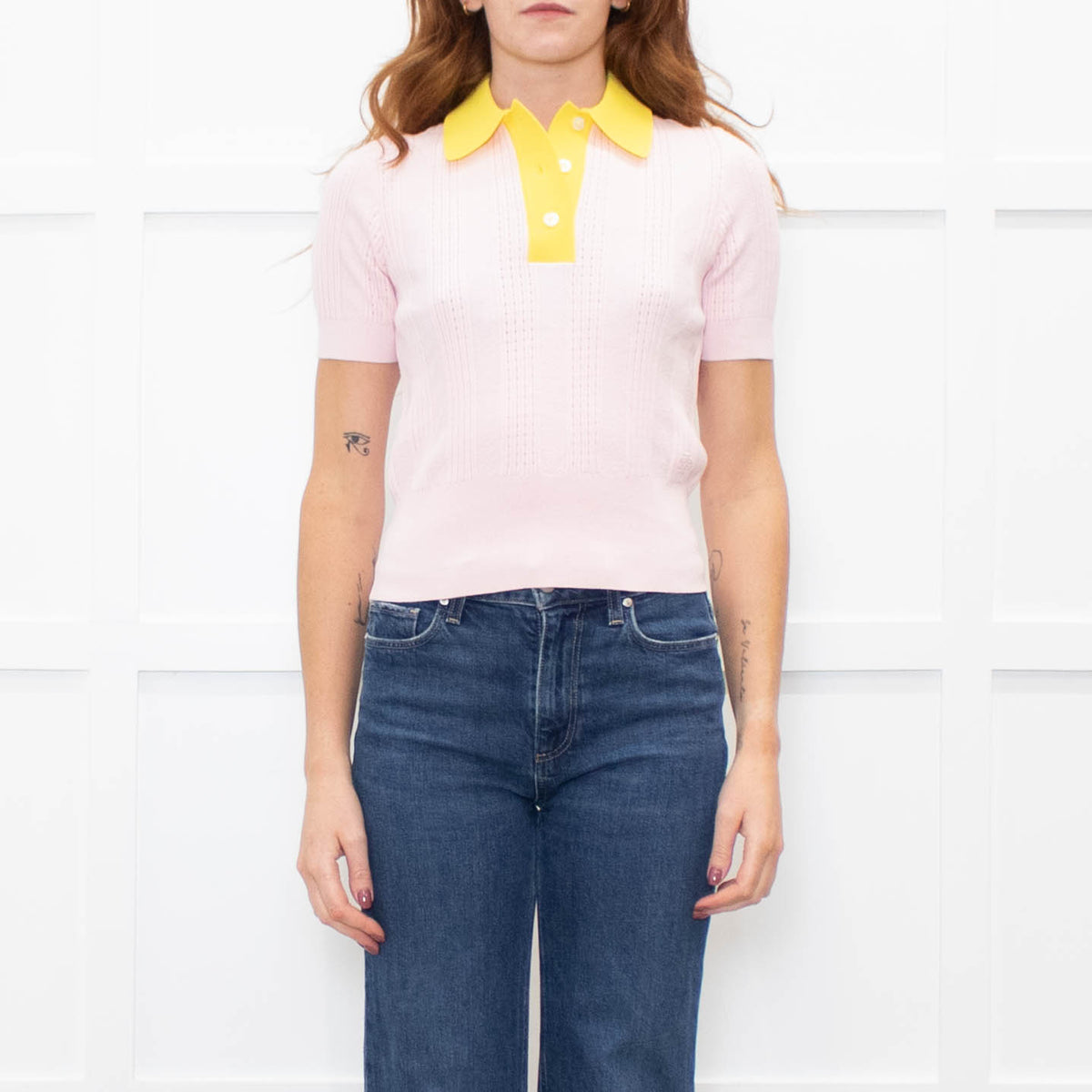 Tory Burch Pink & Yellow Shortsleeve Cotton Jumper