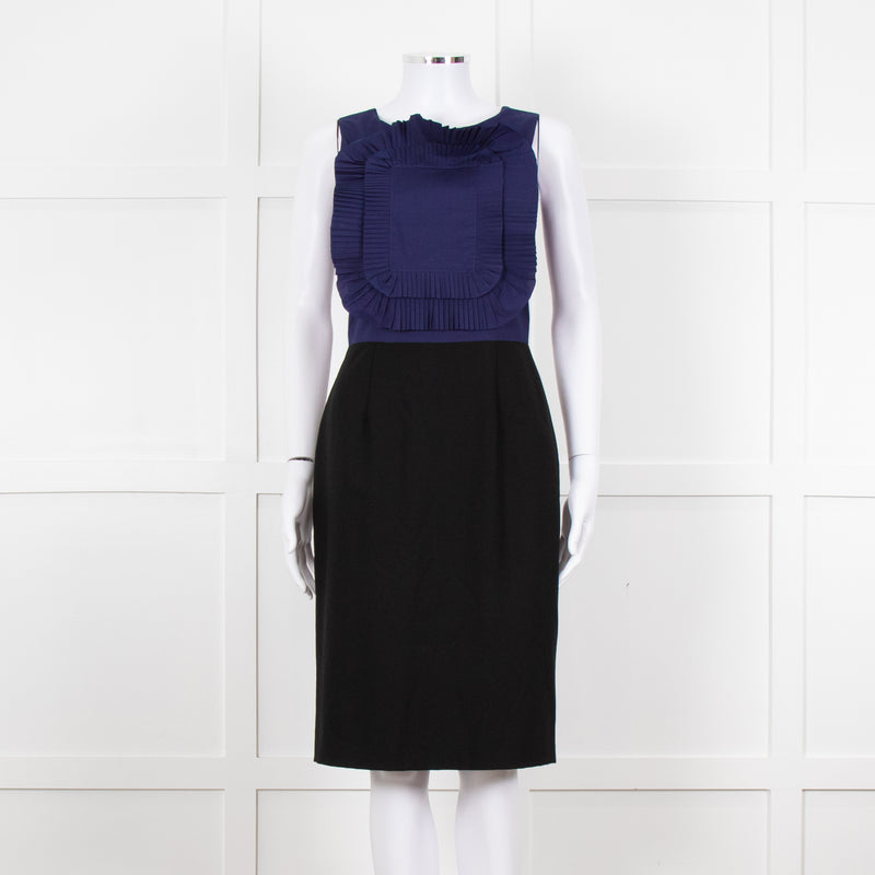 Fendi Black Blue Ruffle Shift Dress Gold Back Buttons