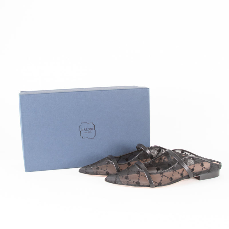 Malone Souliers Black Mesh Leather Trim Flat Mules