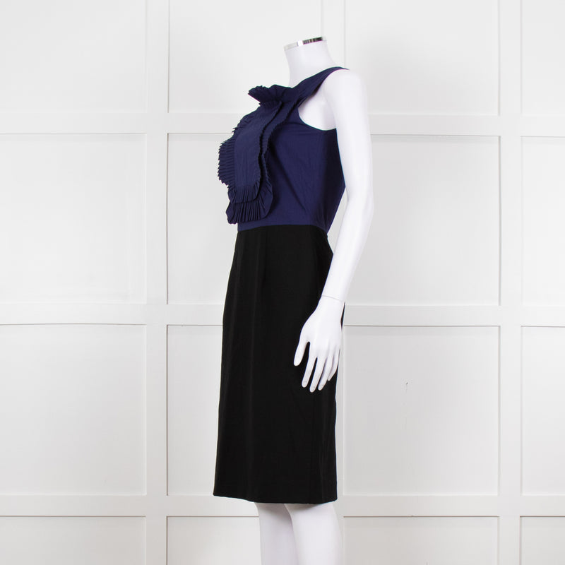 Fendi Black Blue Ruffle Shift Dress Gold Back Buttons