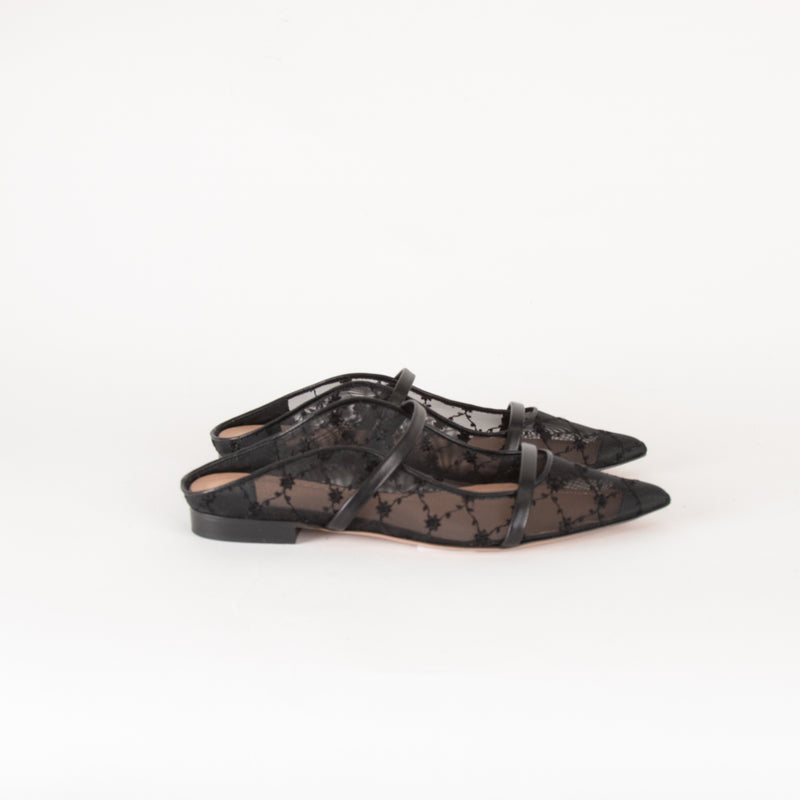 Malone Souliers Black Mesh Leather Trim Flat Mules