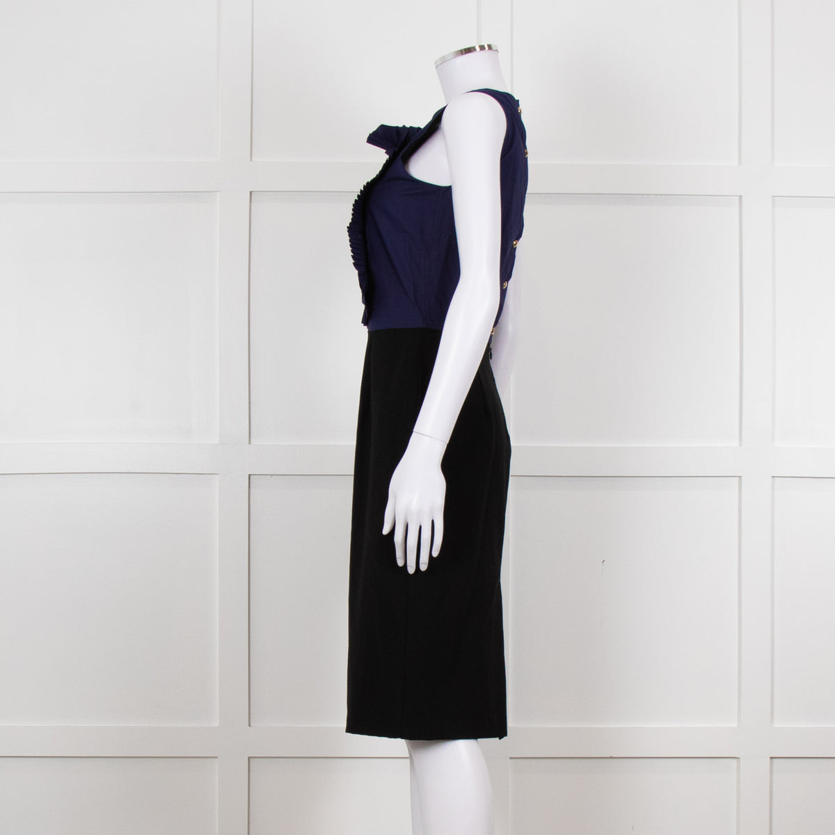 Fendi Black Blue Ruffle Shift Dress Gold Back Buttons