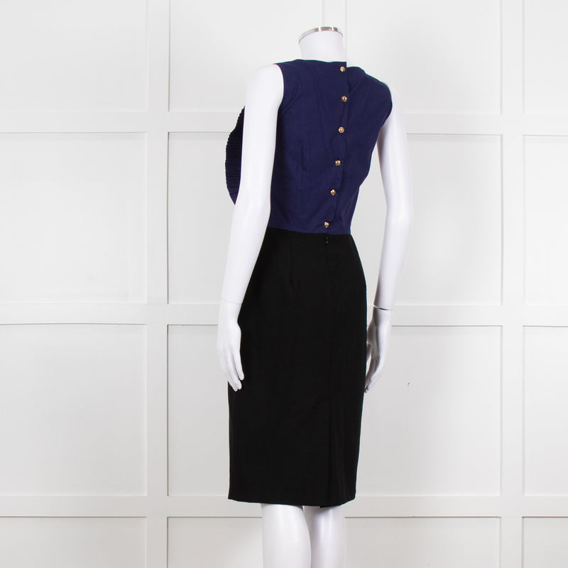 Fendi Black Blue Ruffle Shift Dress Gold Back Buttons