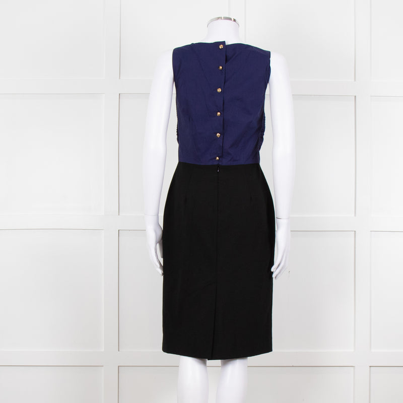 Fendi Black Blue Ruffle Shift Dress Gold Back Buttons