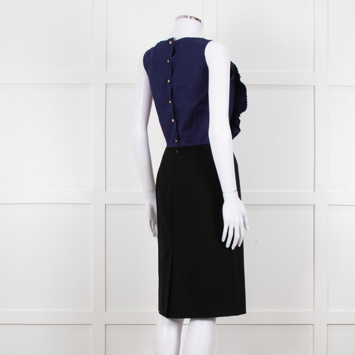 Fendi Black Blue Ruffle Shift Dress Gold Back Buttons