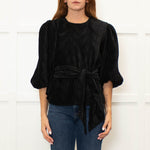 Ganni Black Pleated Puff Sleeve Belted Top