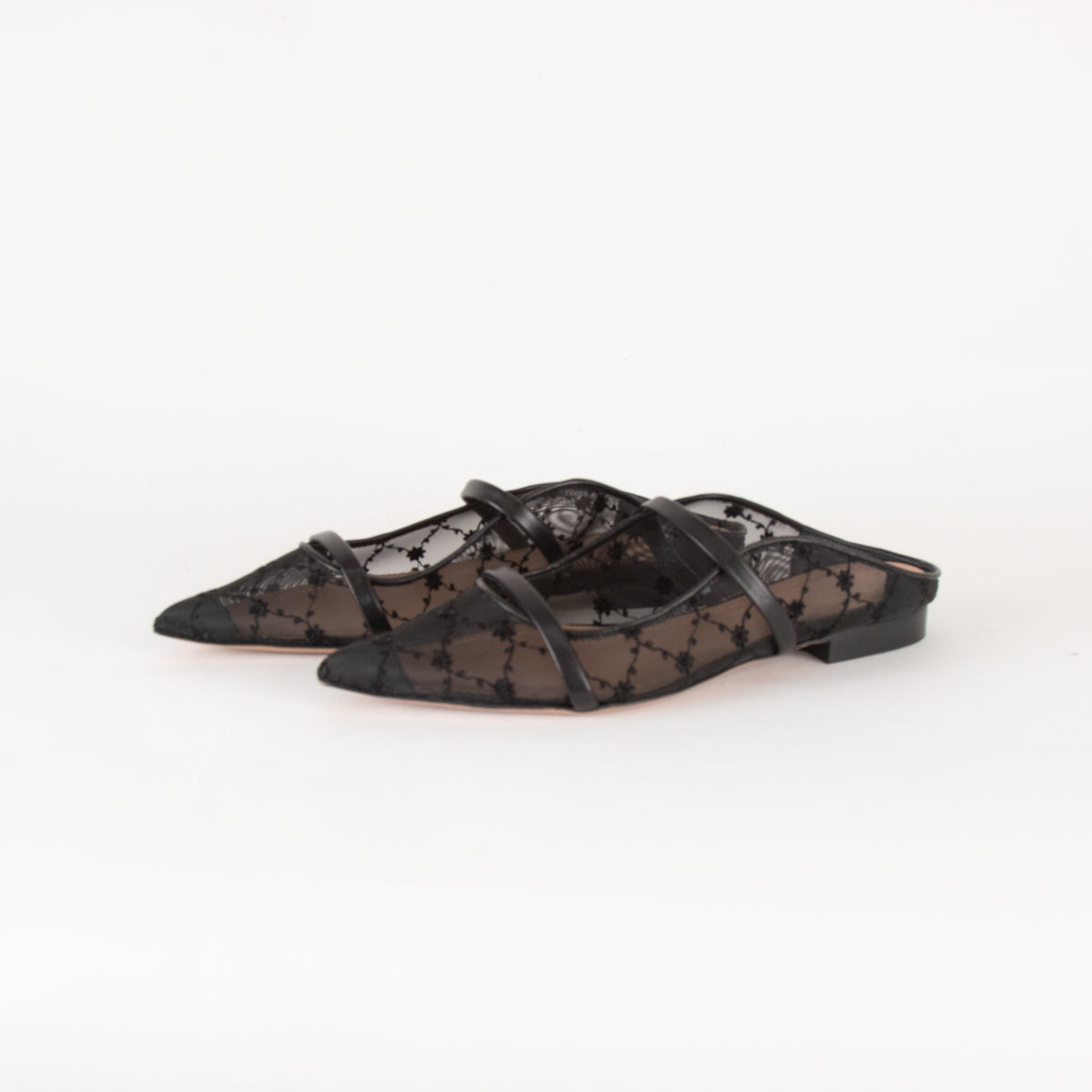 Malone Souliers Black Mesh Leather Trim Flat Mules