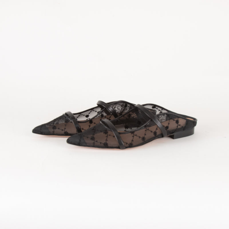Malone Souliers Black Mesh Leather Trim Flat Mules