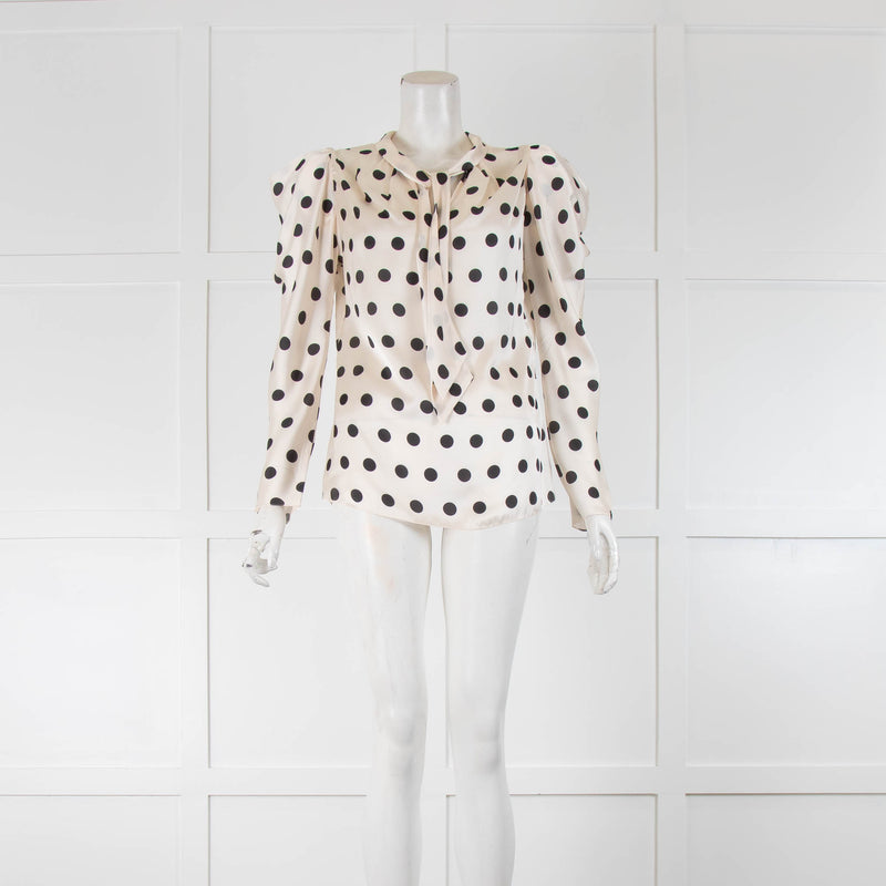 Johanna Ortiz Cream Black Polka Dot Tie Neck Blouse