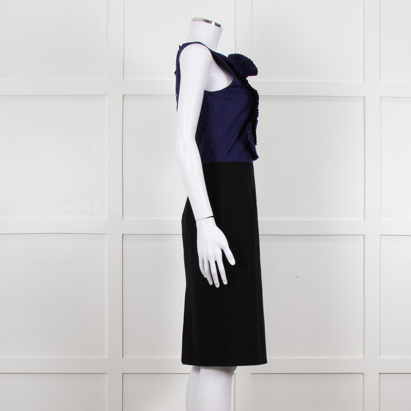 Fendi Black Blue Ruffle Shift Dress Gold Back Buttons