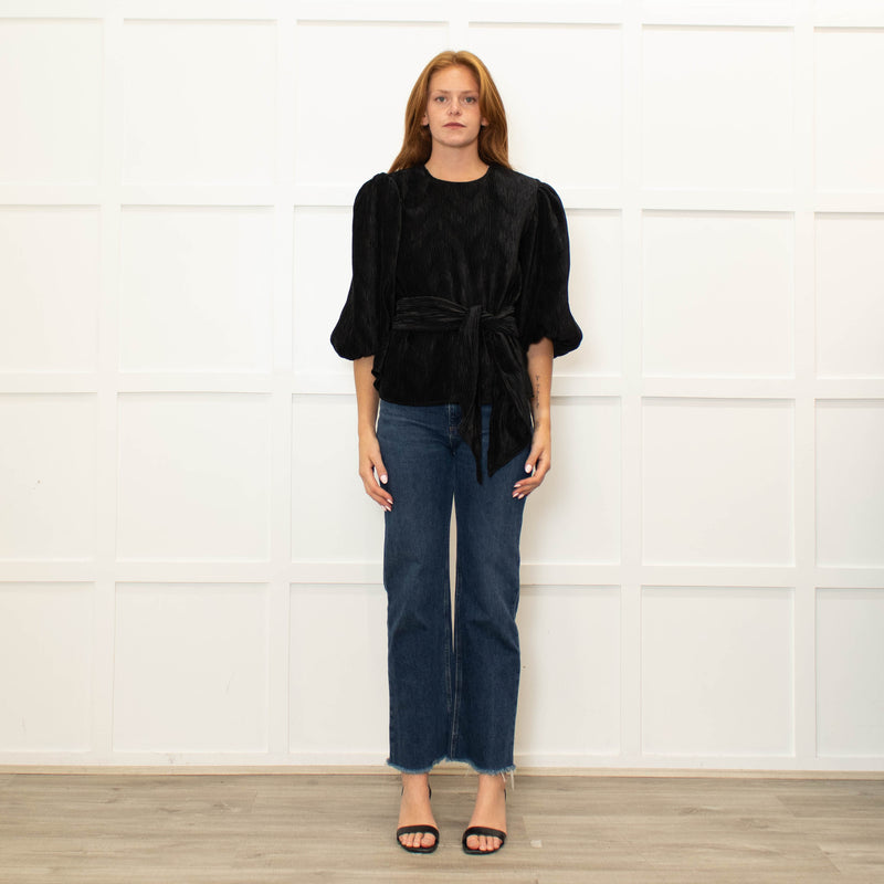 Ganni Black Pleated Puff Sleeve Belted Top