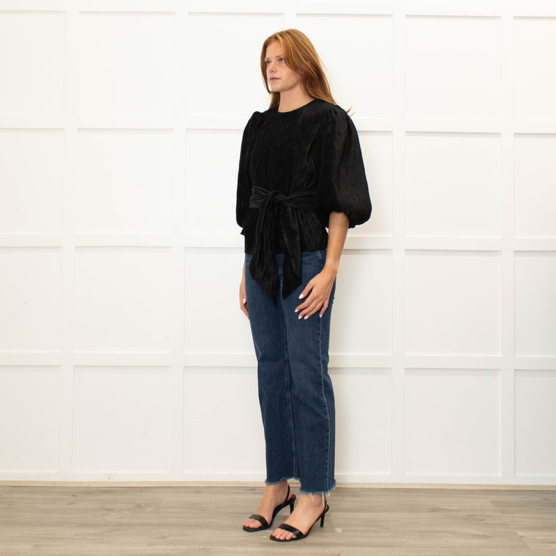 Ganni Black Pleated Puff Sleeve Belted Top