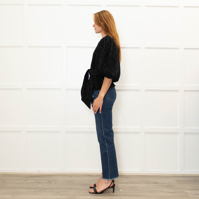 Ganni Black Pleated Puff Sleeve Belted Top